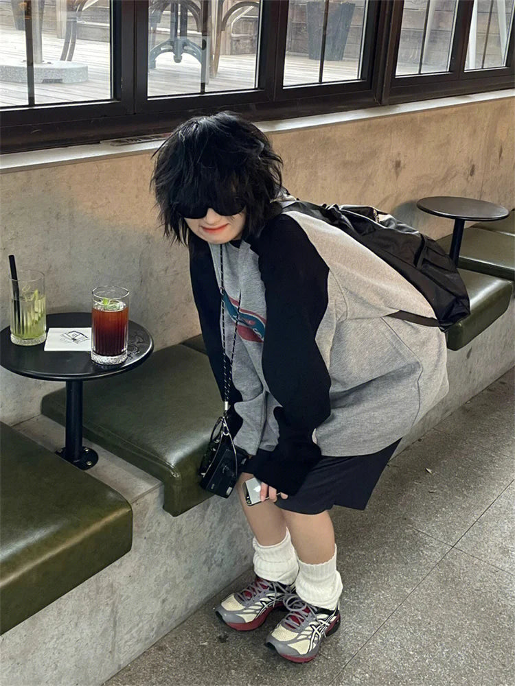 Sweat-shirt à manches longues pour femmes, pull gris Harajuku