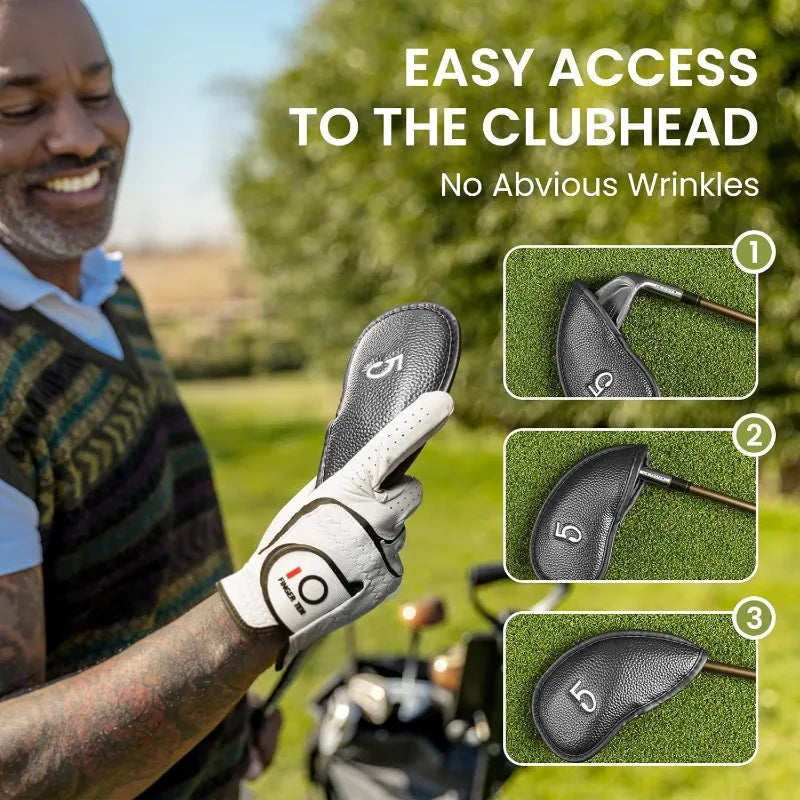 golf iron head covers, golf club head covers, golf club protectors, golf club accessories, leather head covers, leather golf headcovers, leather putter cover, putter headcover, leather driver headcover, leather golf club covers