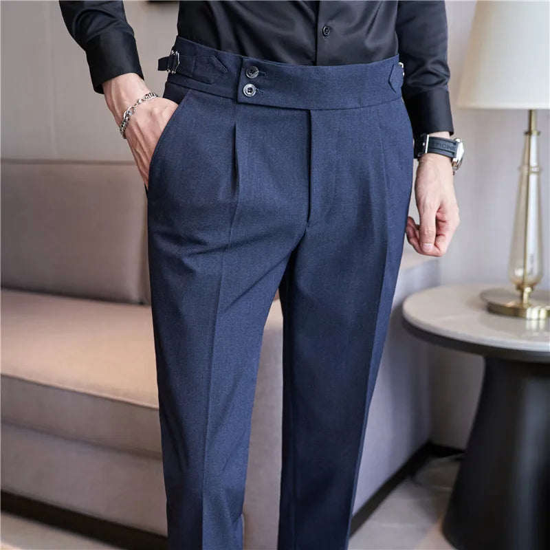 Men’s Classic Slim Fit Office Trousers - High Waist Vintage Pants