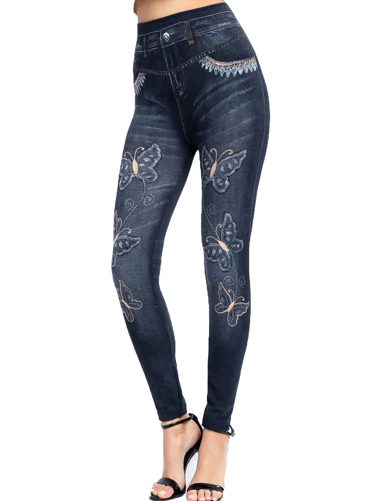 Women's Gym Leggins High Waist Elastic Butterfly Pritned Pencil Jeans