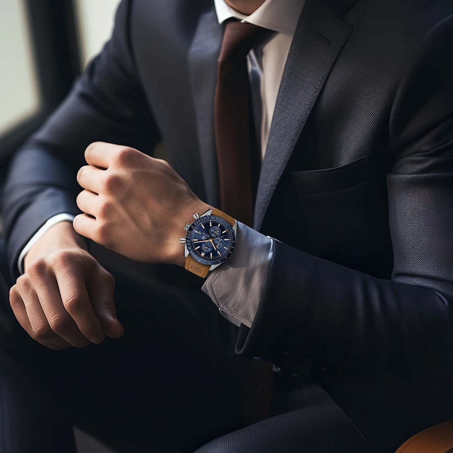 Montre chronographe à quartz pour homme – Montre-bracelet analogique étanche avec bracelet en cuir