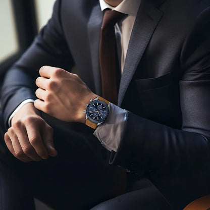 Montre chronographe à quartz pour homme – Montre-bracelet analogique étanche avec bracelet en cuir