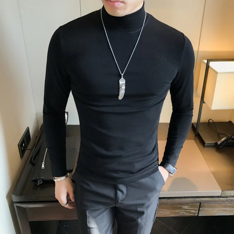 Slim Fit High Collar Men Long Sleeve T Shirt