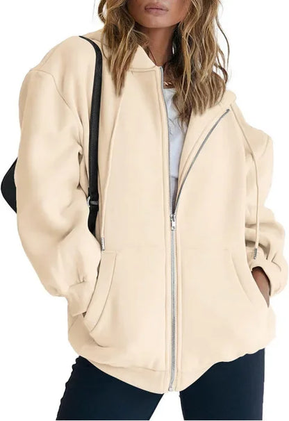 Sweat à capuche en polaire d'automne de couleur unie avec poches et fermeture éclair
