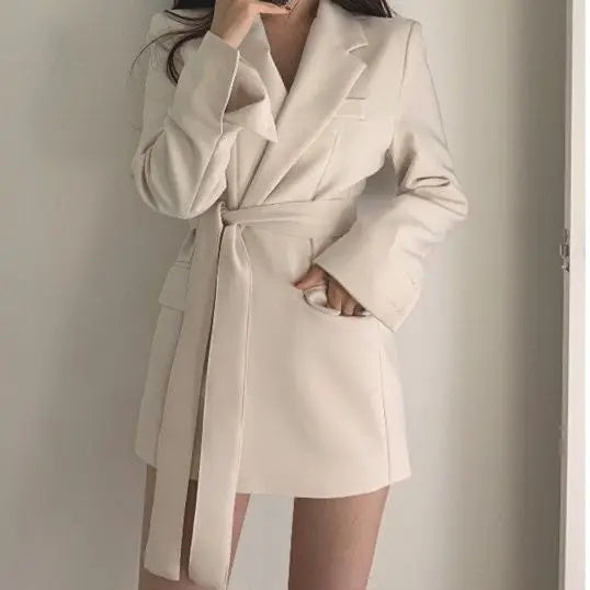Women’s Mid‑Length Slim Fit Blazer Jacket – Waist‑Defining Lace‑Up Suit Dress Coat