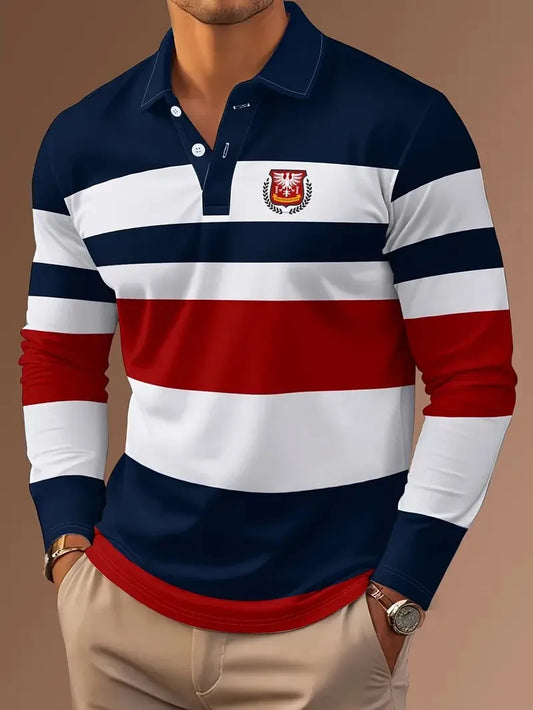 Men's Long Sleeve 3D Striped Polo Shirt