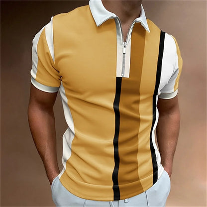 Men Zipper Striped Turn Down Collar Shirt