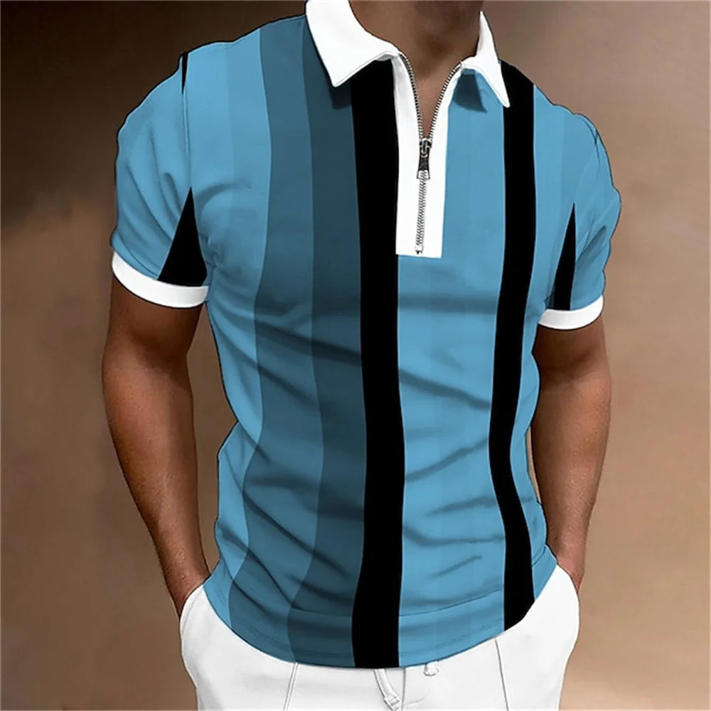 Men Zipper Striped Turn Down Collar Shirt