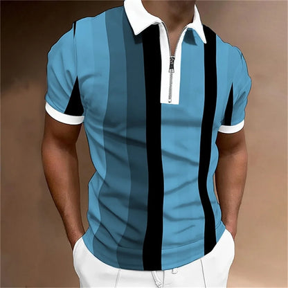 Men Zipper Striped Turn Down Collar Shirt