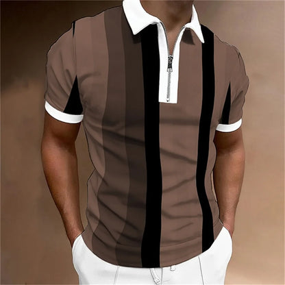 Men Zipper Striped Turn Down Collar Shirt