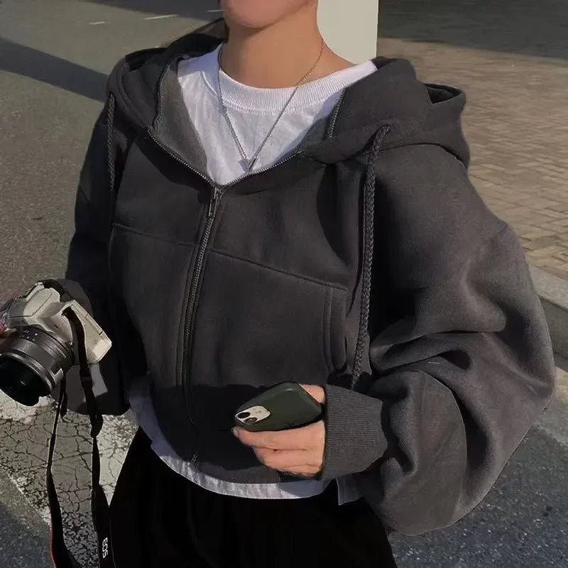 Neues, vielseitiges, modisches, kurzes Slims-Sweatshirt mit Reißverschluss und warmer, einfarbiger Kapuze für Damen