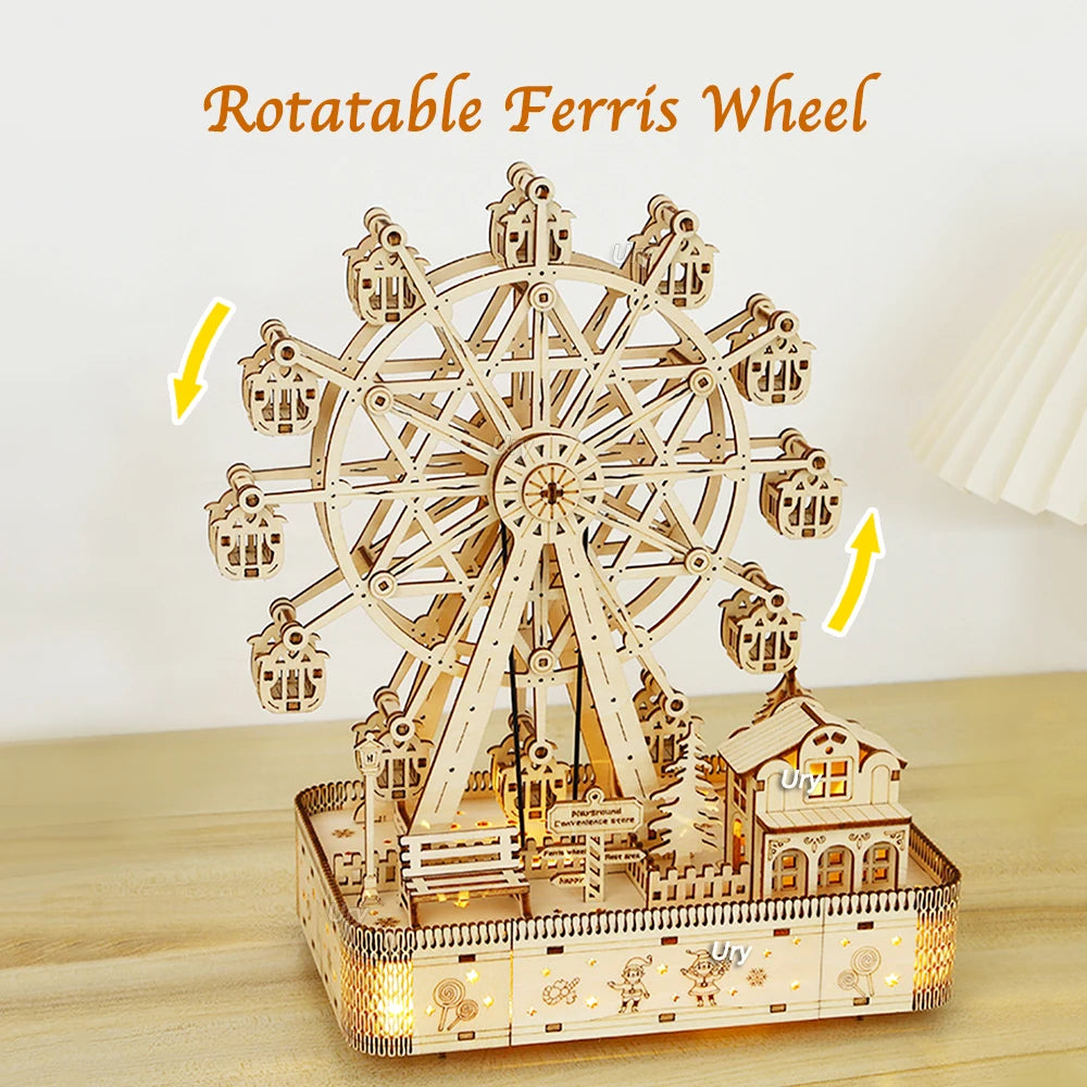 Ury 3D Wooden Puzzles Led Rotatable Ferris Wheel Music Octave Box Toy for Kid