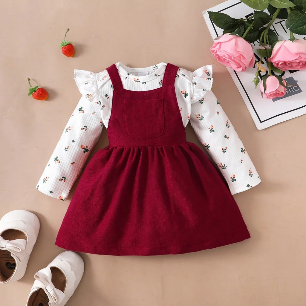 Newborn Baby Ruffle Long Sleeves Bodysuit+Red Strap Girl Outfit
