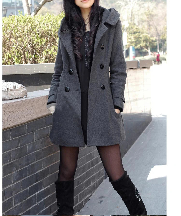 Damen-Wintermantel aus Wollmischung – Mittellange, zweireihige Kapuzenjacke