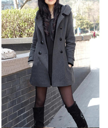 Damen-Wintermantel aus Wollmischung – Mittellange, zweireihige Kapuzenjacke