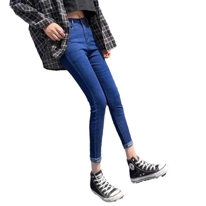 Jean crayon élastique taille haute pour femme