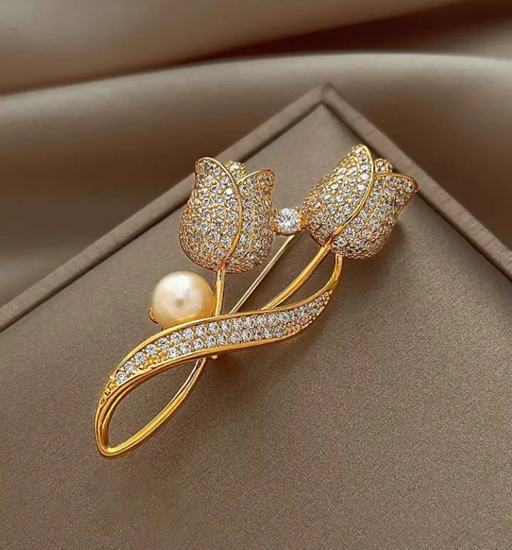 Golden Tulip Flower Pearl Brooch for Women – CZ Rhinestone Crystal Metal Pin