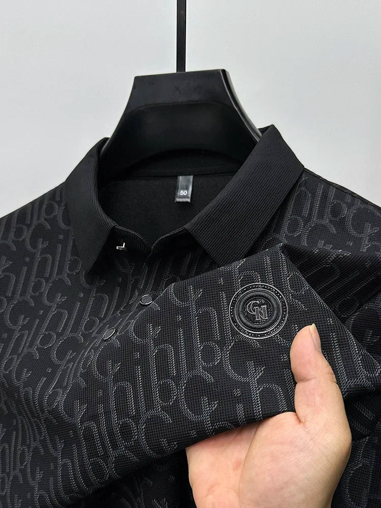 New High-end Silk Short Sleeved Polo Shirt for Men's Luxurious Embossed