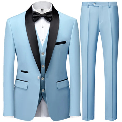 3 Pieces Set Men's Business Blazers Coat - Slim Fit Color Matching Collar Suit Jacket Pants Vest