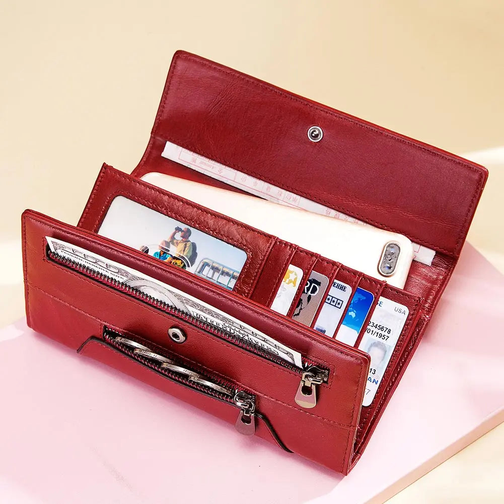 Genuine Leather Tri-fold Wallet for Women RFID Blocking Credit Card Holder