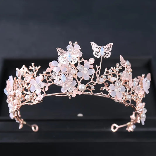 Women Pearl Rhinestone Flower Butterfly Crown
