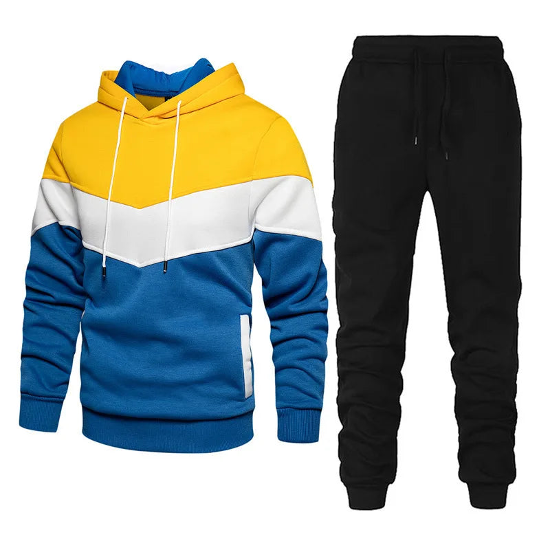 Men's Patchwork Fleece Thermal Hooded Tracksuit