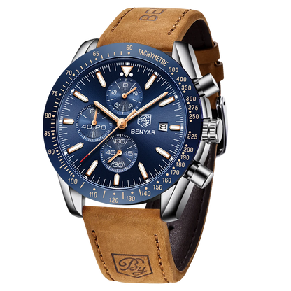 Montre chronographe à quartz pour homme – Montre-bracelet analogique étanche avec bracelet en cuir