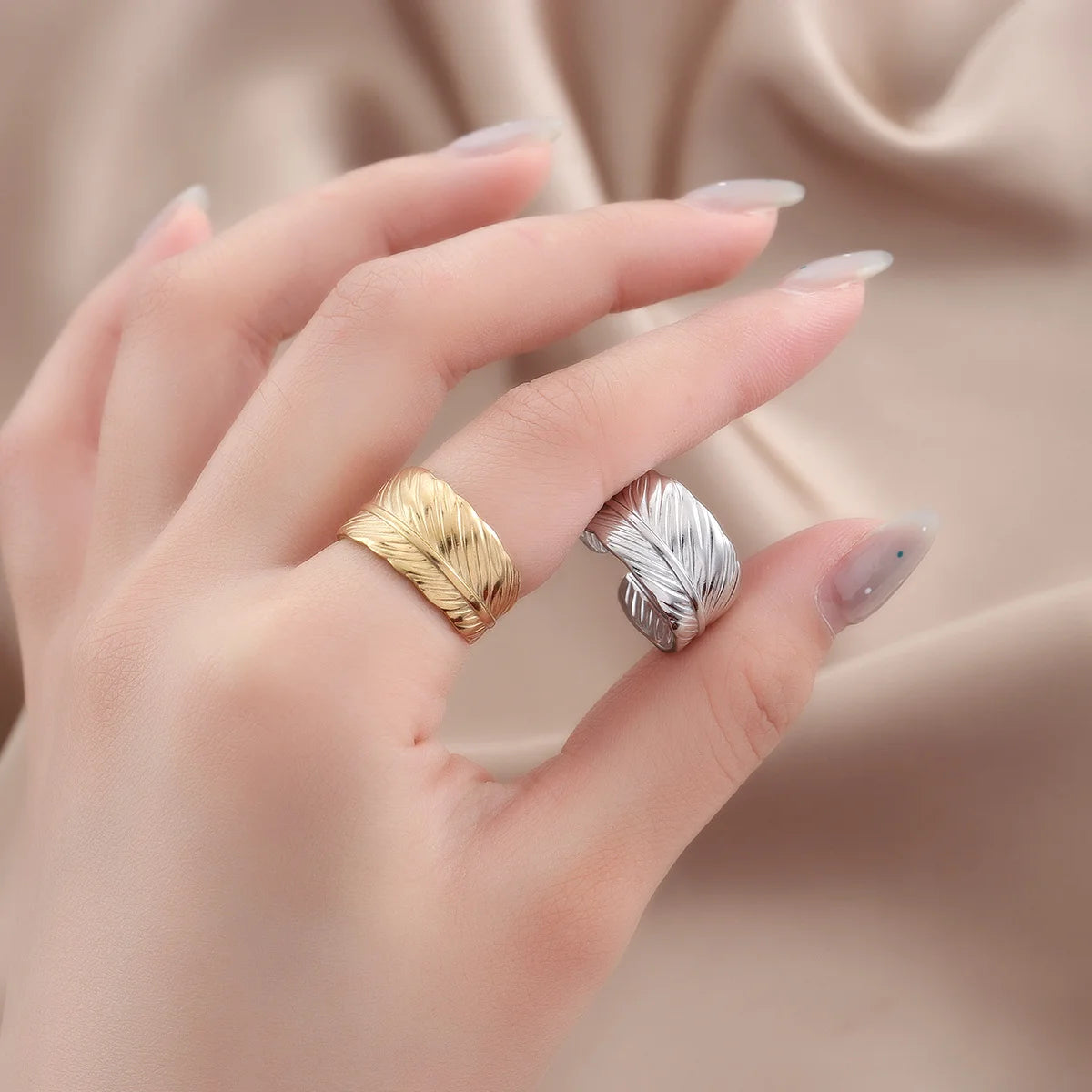 Waterproof Stainless Steel Non‑Fading Gold Plated Feather Adjustable Ring