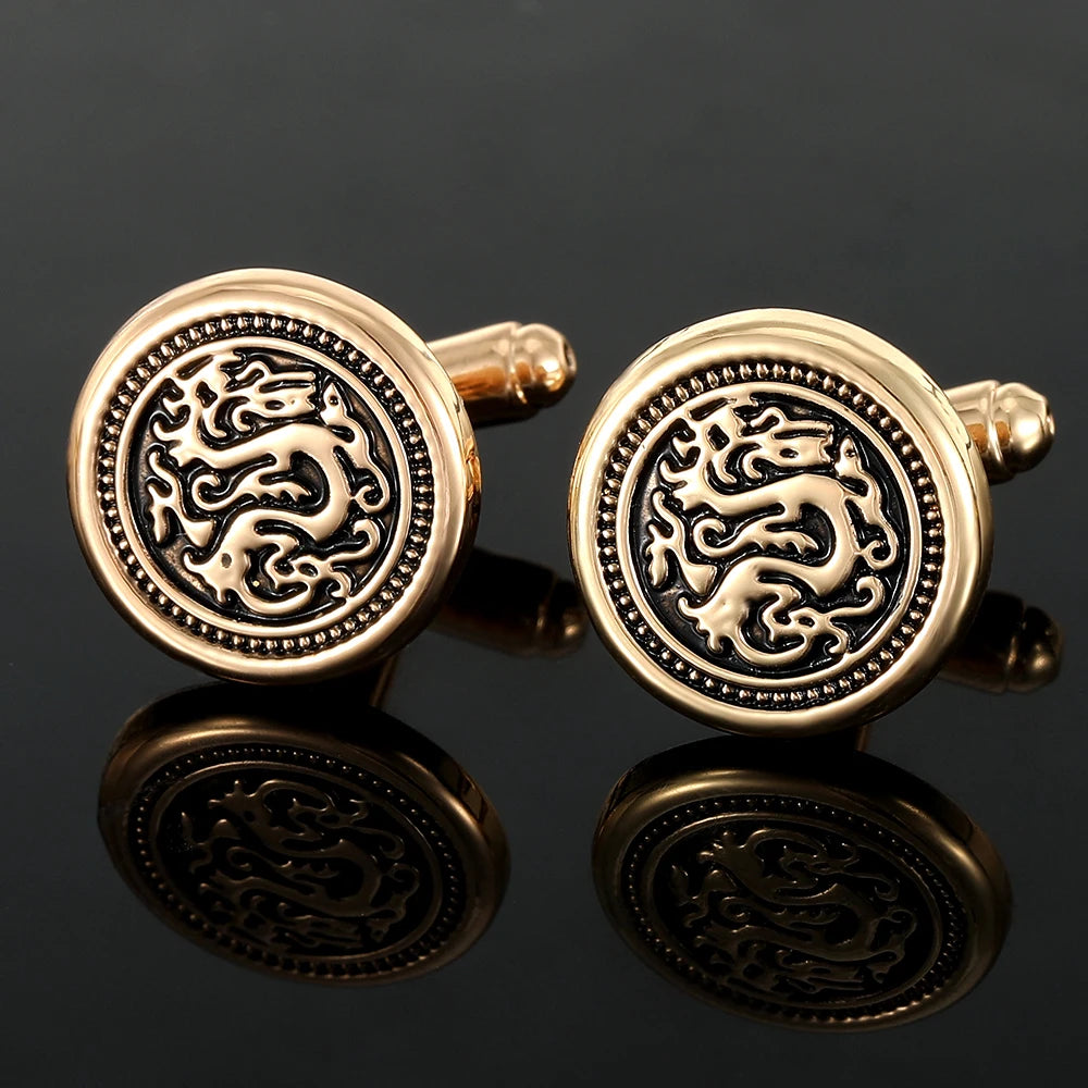 Dragon Totem Round Cufflinks for Men – Vintage Engraved Shirt Sleeve Buttons