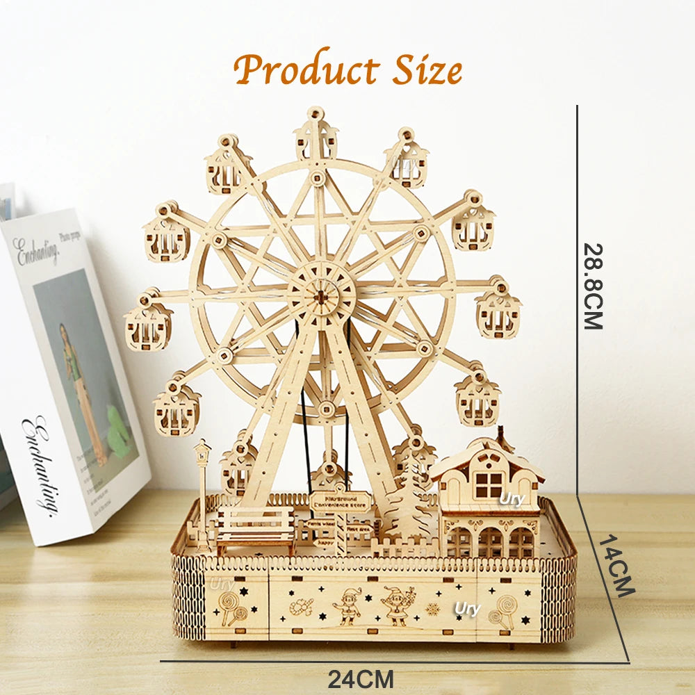 Ury 3D Wooden Puzzles Led Rotatable Ferris Wheel Music Octave Box Toy for Kid