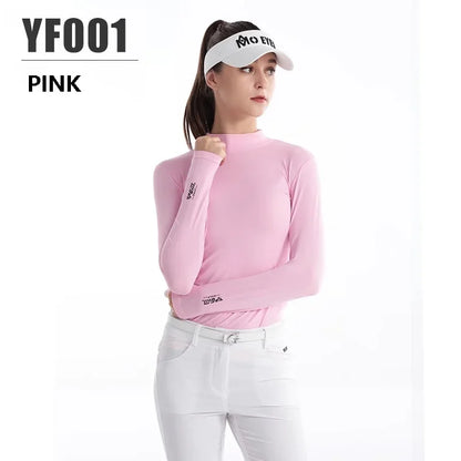 Damen-Golfshirt mit langen Ärmeln, Stehkragen, warmes Fleece, Sportbekleidung