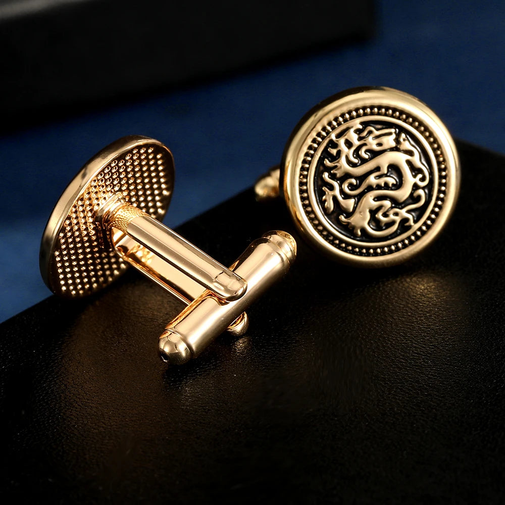 Dragon Totem Round Cufflinks for Men – Vintage Engraved Shirt Sleeve Buttons