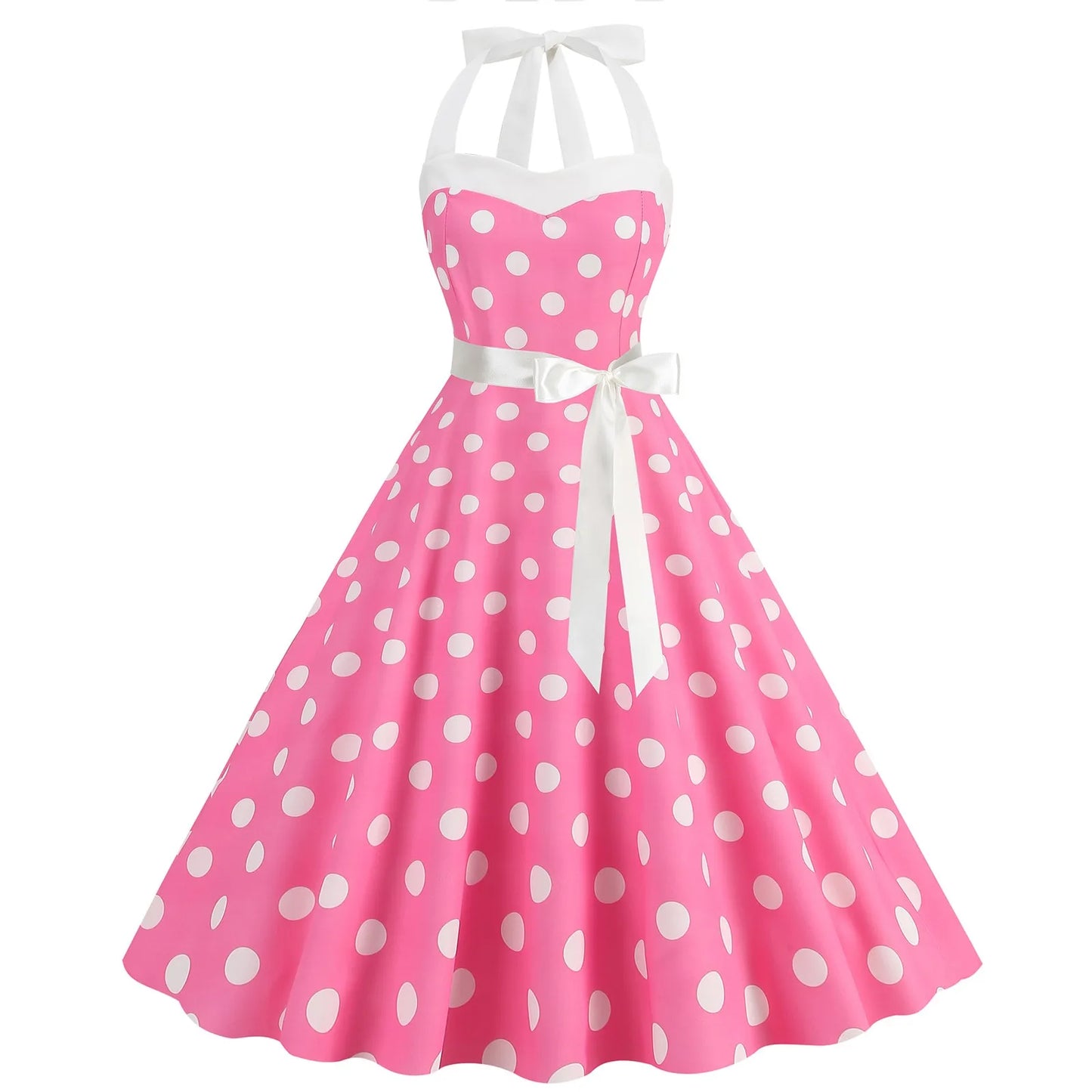 Women Sundress  Lace-up Backless Polka Dot Pleated Midi Dress