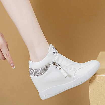 High Top Side Zip White Platform Wedge Sneakers with Hidden Heel