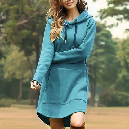 Women's Loose Solid Long Style Casual Pocket Hoody