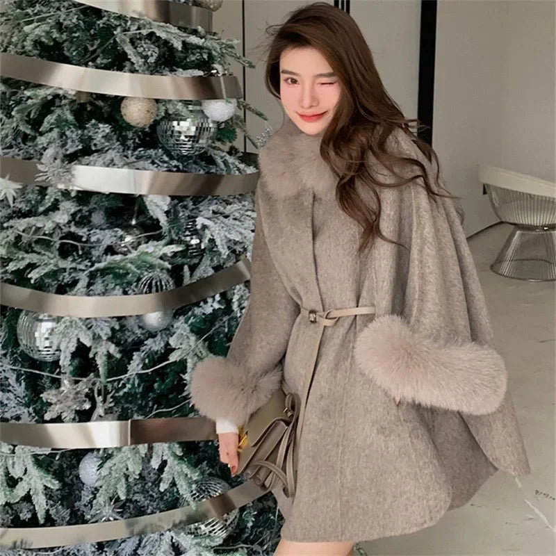 Women's Warm Fur Neck Belted Cape Coat