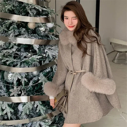 Women's Warm Fur Neck Belted Cape Coat