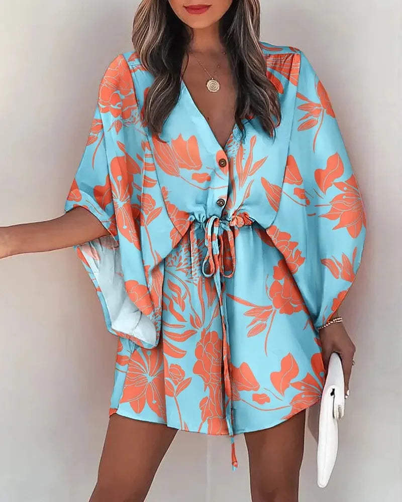 Minikleid im Boho-Stil mit Print und V-Ausschnitt
