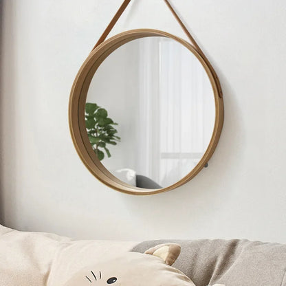 Miroir de courtoisie rond mural sans perforation avec bordure en bois