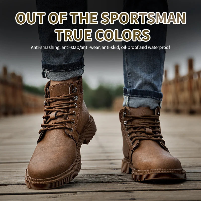 Chaussures imperméables pour hommes, bottes en cuir à tête en acier, chaussures de construction indestructibles marron