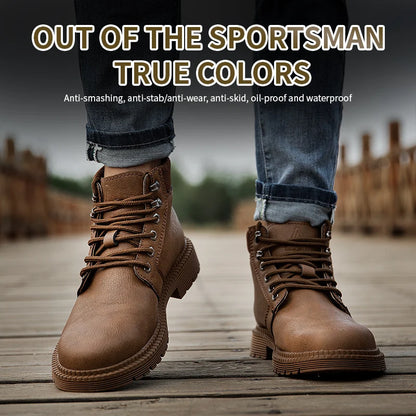 Chaussures imperméables pour hommes, bottes en cuir à tête en acier, chaussures de construction indestructibles marron