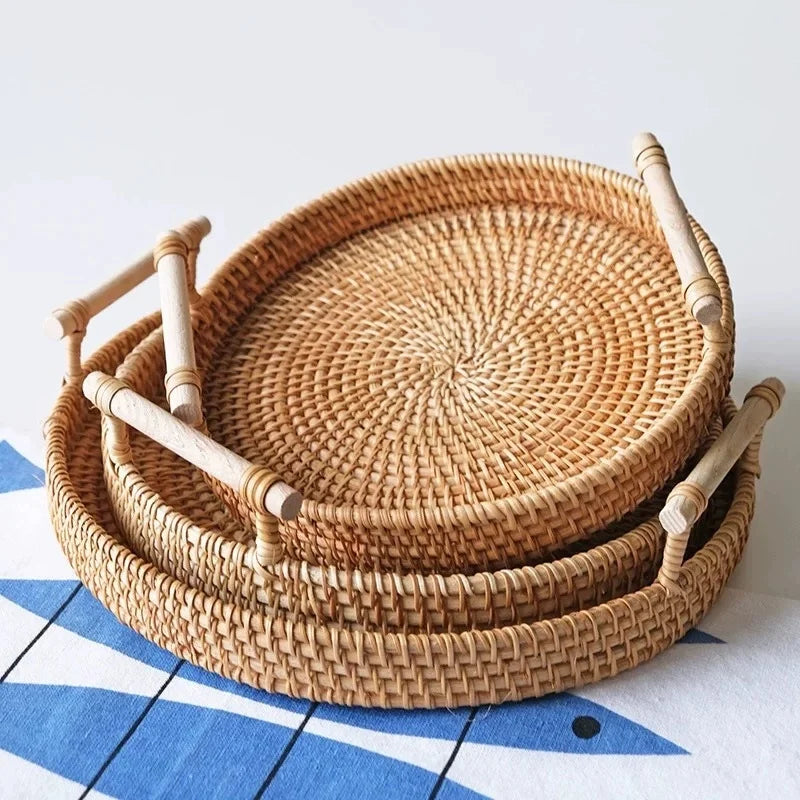 Handwoven Rattan Wicker Basket Tray – Eco-Friendly Food Serving & Storage Basket with Handles