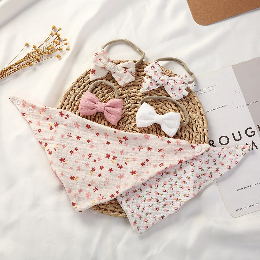 Baby-Lätzchen aus Baumwolle mit Schleife und Stirnband, verstellbares Lätzchen für Mädchen