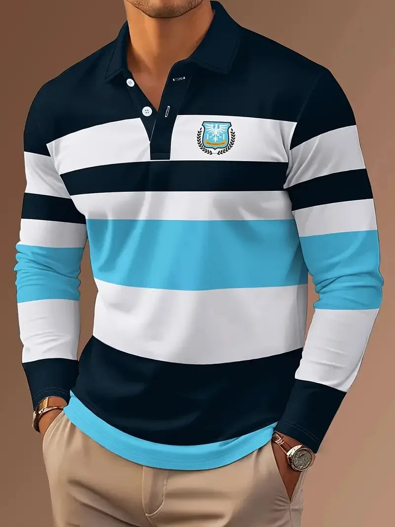 Men's Long Sleeve 3D Striped Polo Shirt