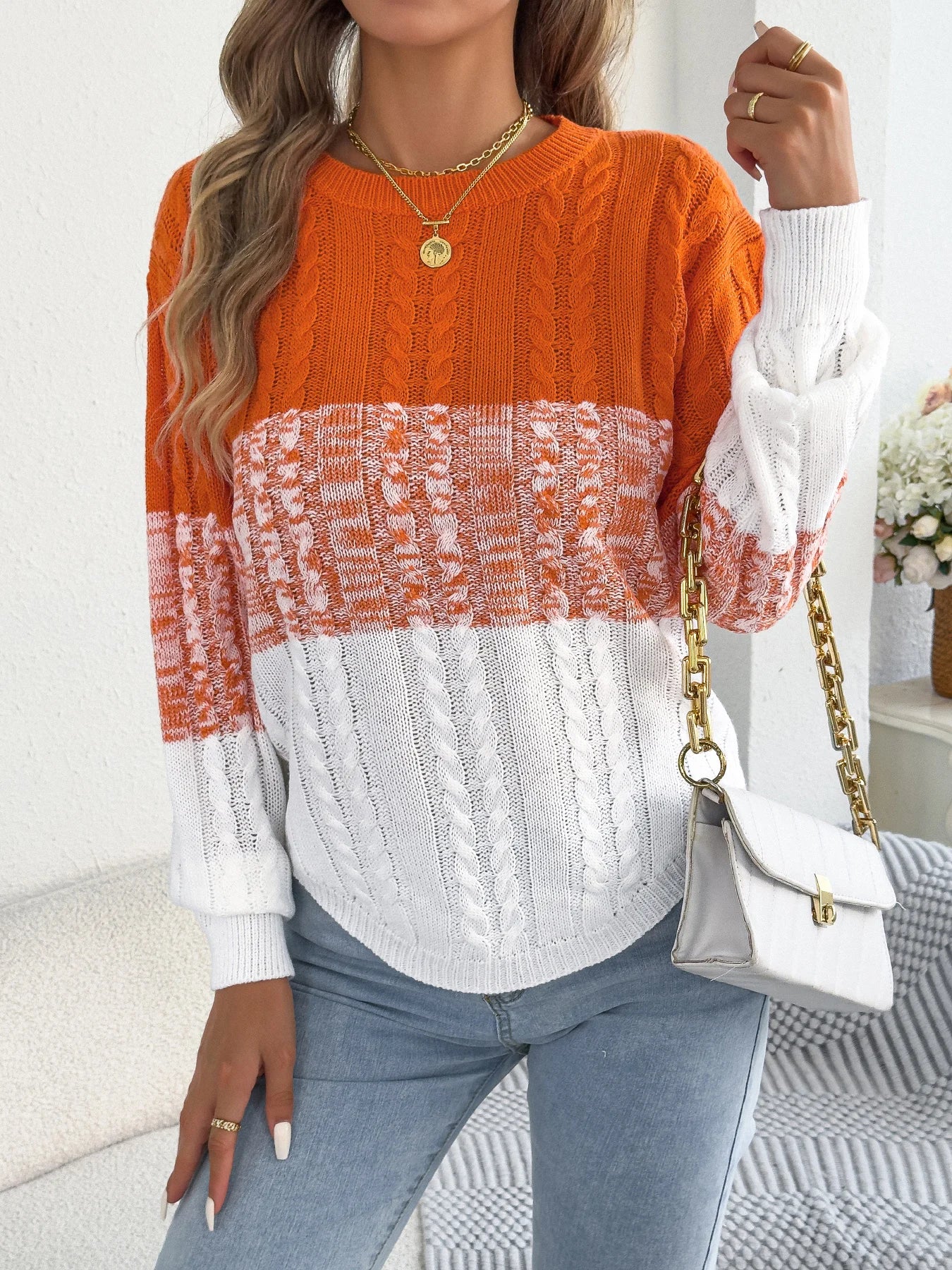 Damen-Pullover mit Farbblockstreifen – Rundhalsausschnitt, Laternenärmel, Strickoberteil