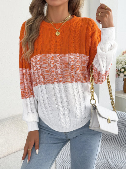 Damen-Pullover mit Farbblockstreifen – Rundhalsausschnitt, Laternenärmel, Strickoberteil