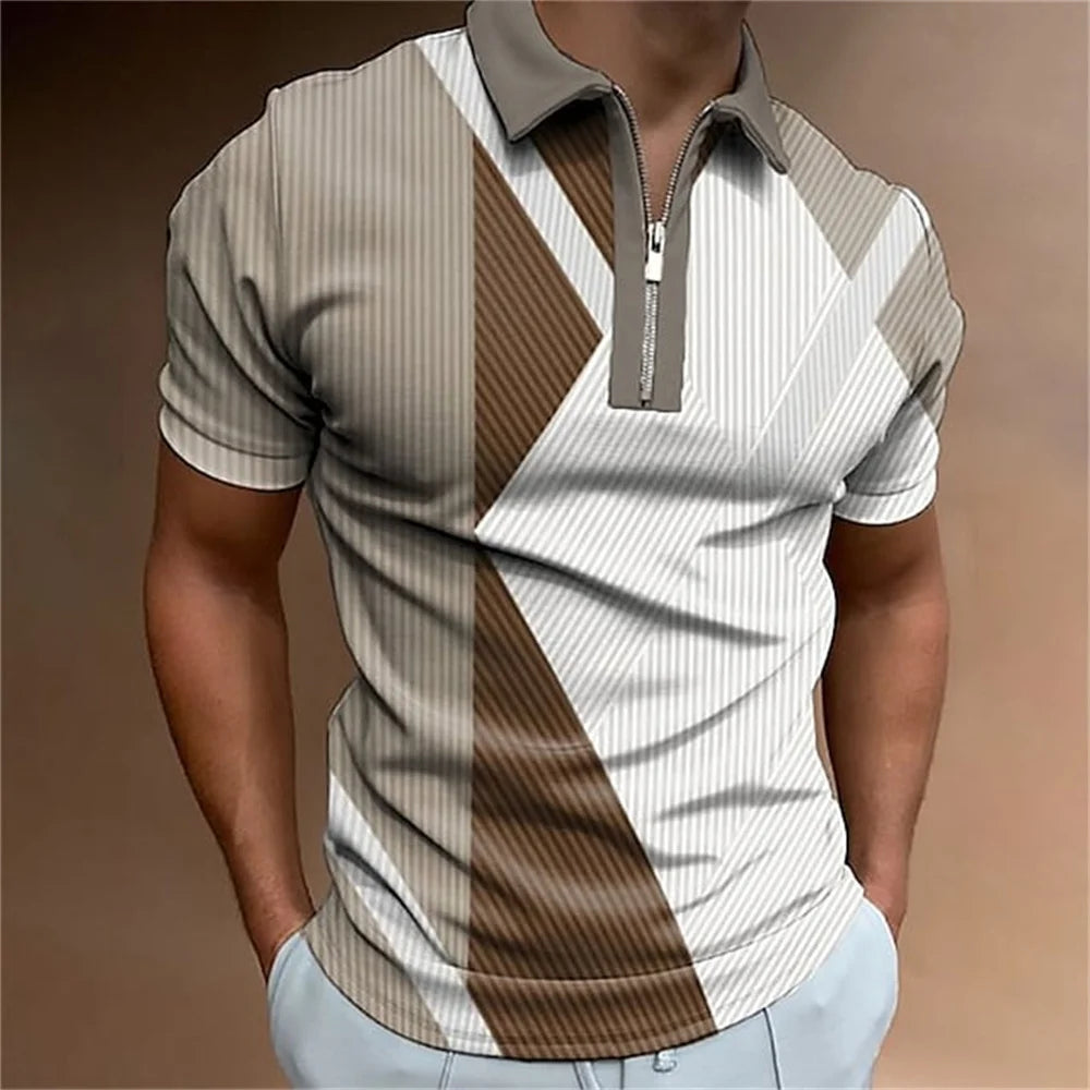 Men Zipper Striped Turn Down Collar Shirt