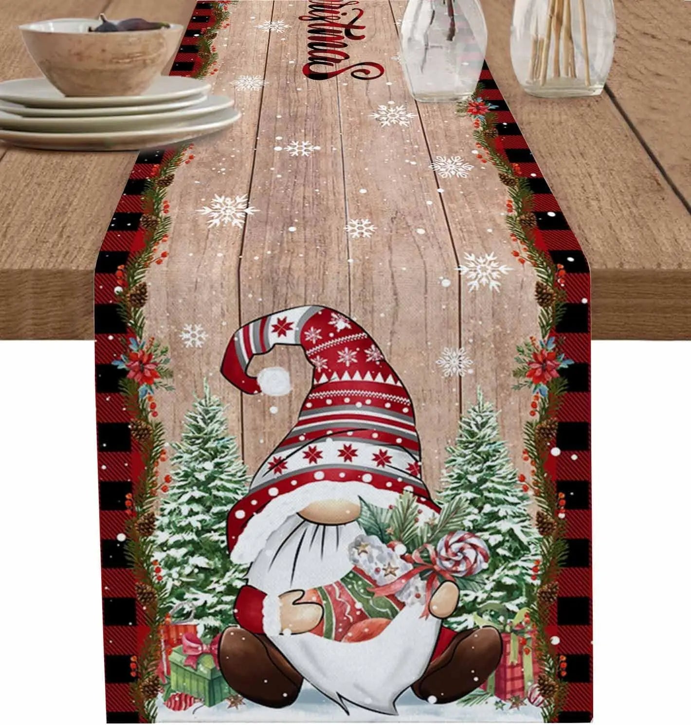 Chemin de table en lin avec motif gnome et cardinal de Noël