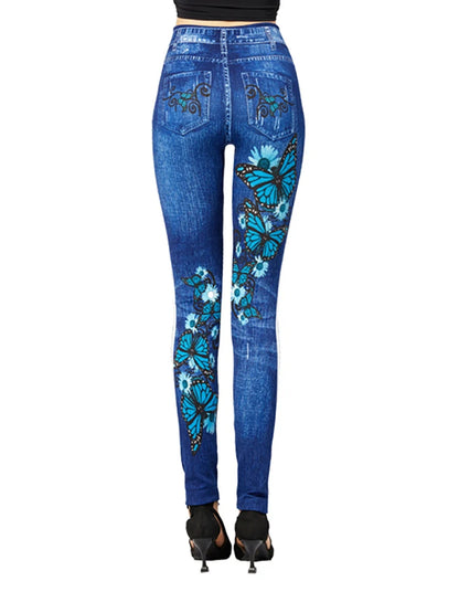 Women's Gym Leggins High Waist Elastic Butterfly Pritned Pencil Jeans