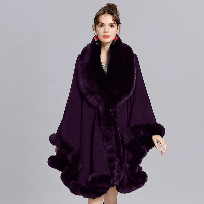 Women's Winter Plaid Hooded Fur Collar Shawl